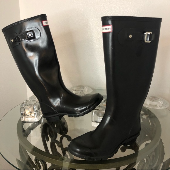 - Hunter Original Huntress Gloss Tall Rain Boots Black Rubber W23990 Sz 5M… - Picture 2 of 13